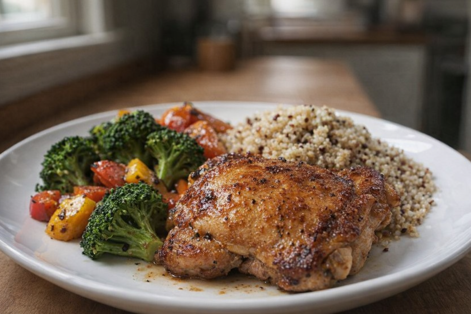 A styled shot of a plated meal featuring a pan-fried boneless, skinless chicken thigh, served with roasted vegetables (broccoli and bell peppers) and a side of quinoa, natural window light